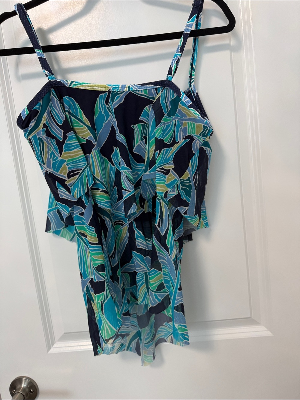 Navy Blue Tropical Leaf Ruffle Tank Top and blue matching panty